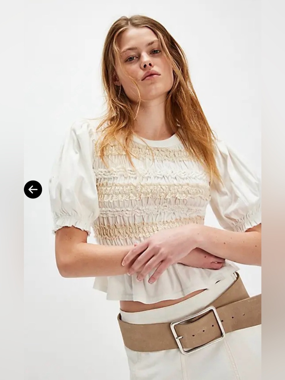 Free People Maxey Knit Cotton Peplum Smocked Puff-Sleeve Crop Top Ivory Size L